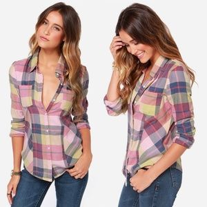 Roxy Driftwood Pink Plaid Flannel Button Up Shirt